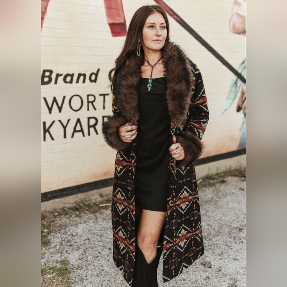 NWT Lucky And Blessed Black Aztec Fur Collar And Cuff Sleeves Penny Lane Coat